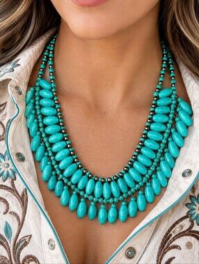 Aqua Turquoise Glass Beaded Bib Collar Style Brass Necklace Vintage EUC Mermaid